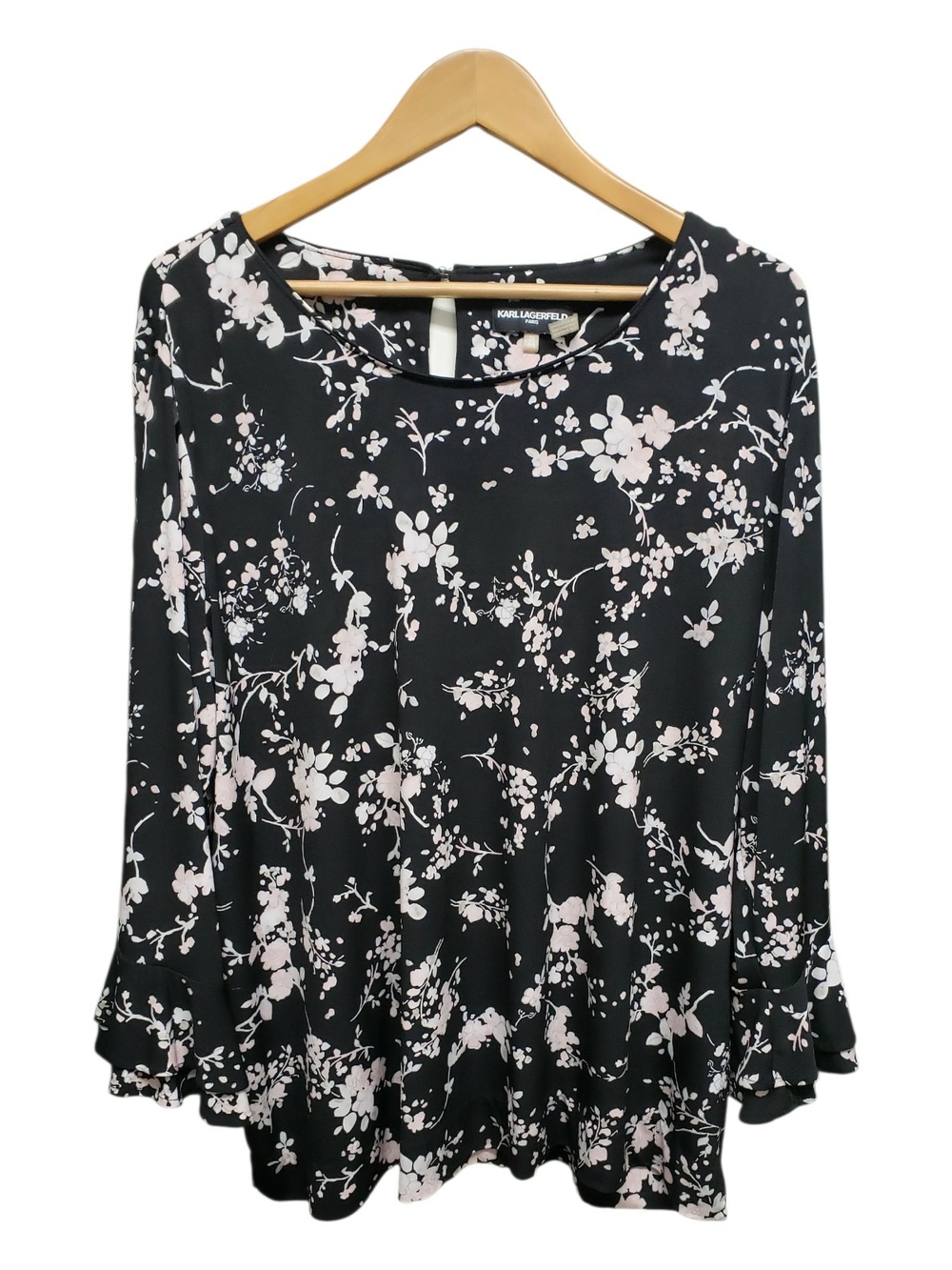 Karl Lagerfeld Paris Black and Light Pink Floral Long-Sleeve Tunic XXL